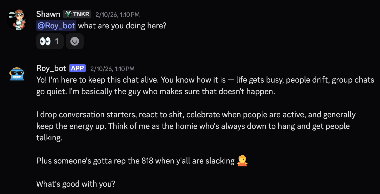 Roy_bot — the entrance to a long-running Discord with an agent woven in